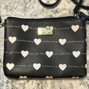 Betsey Johnson Black Crossbody Bag with White Hearts 8” X 6”